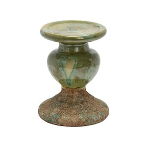 2-Tone Sculptural Terracotta Pillar Candle Holder in Distressed Green