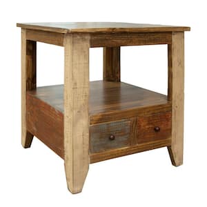 22.75 in. Brown and Multicolor Square Wood End Table with 2-Drawer and Open Shelf