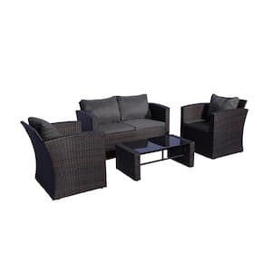 Wesson 4-Piece Wicker Patio Conversation Set with Gray Cushions