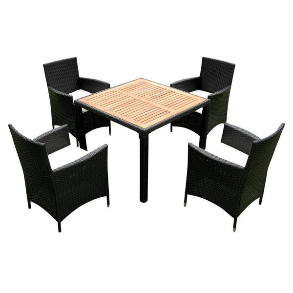 Unbranded 5-Piece Wicker Outdoor Bistro Patio Dining Set with Acacia Wood Table Black Wicker  Cream Seat Cushions