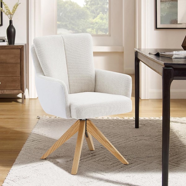 Art Leon Arthur White Fabric Swivel Accent Arm Chair with Wood Legs