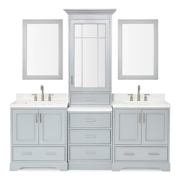 Stafford 85 in. W x 22 in. D x 89 in. H Double Bath Vanity in Gray with Carrara Marble Tops and Mirrors