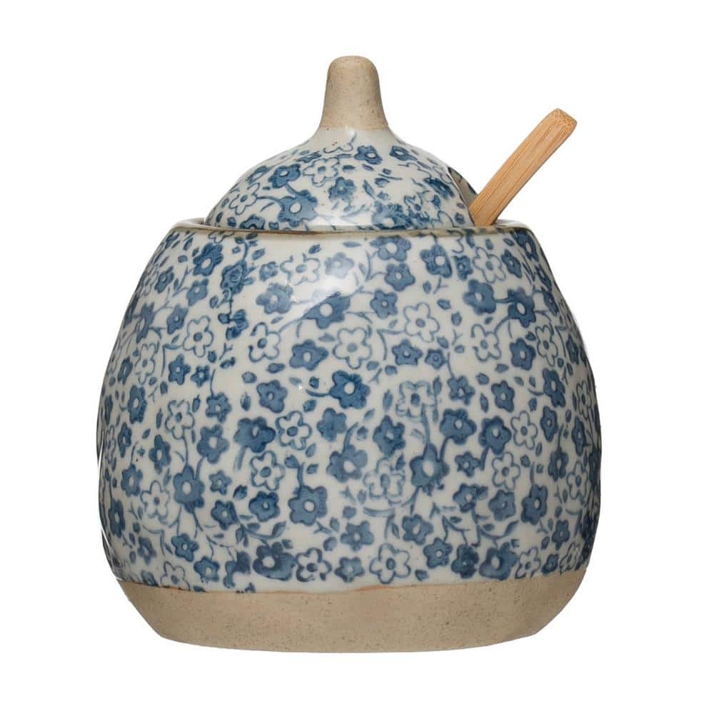 Hand-Painted Blue Floral Stoneware Sugar and Creamer Set