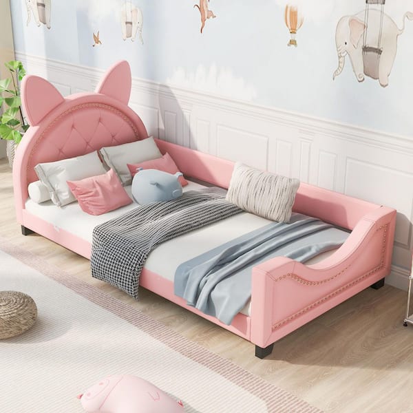 Pink Upholstered Twin Daybed with Carton Ears Shaped Headboard