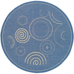 Courtyard Blue/Natural 8 ft. x 8 ft. Round Border Indoor/Outdoor Patio  Area Rug