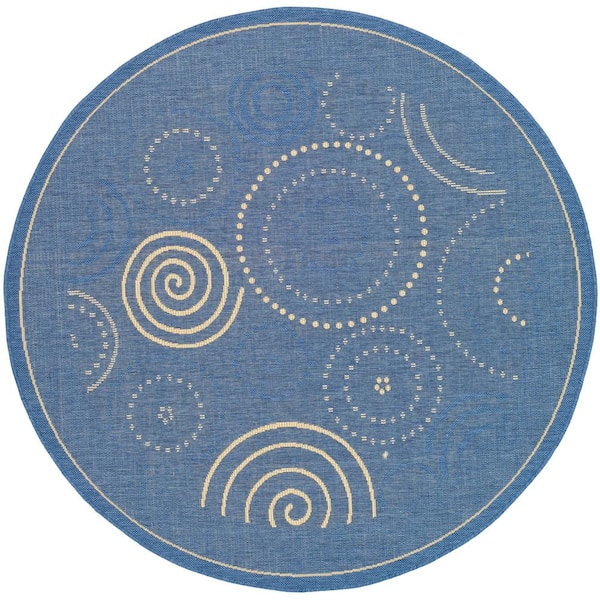 SAFAVIEH Courtyard Blue/Natural 8 ft. x 8 ft. Round Border Indoor/Outdoor Patio  Area Rug