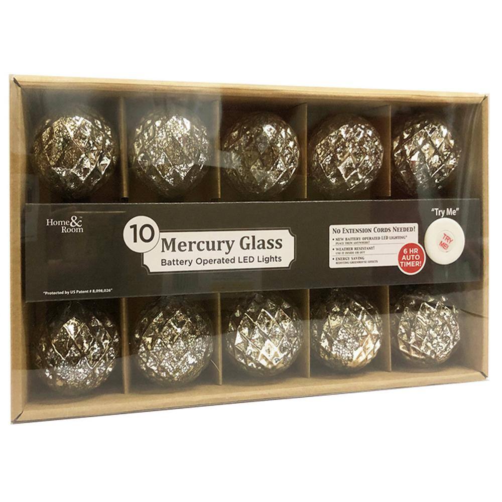 Brite Star 10-Light Battery Operated 2.36 in. Faceted Silver Mercury Glass  Globes Pure White LED New Year Light String 95-061-00 The Home Depot