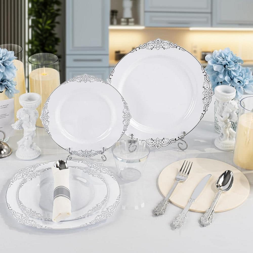 Anqtovp 350-Piece Silver Plastic Plates for 50-Guests, Disposable