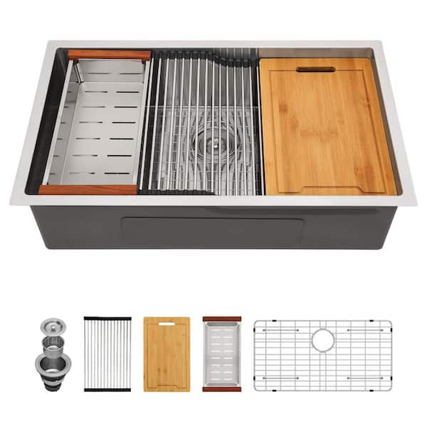 LORDEAR 33 in.Undermount Single Bowl 16-Gauge Stainless Steel Round Corner Workstation Kitchen Sink with Bottom Grid