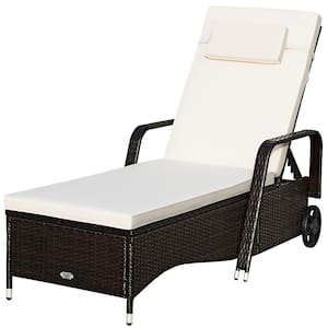 Wicker Outdoor Chaise Lounge Chair with Wheel Adjustable Backrest with White Cushion