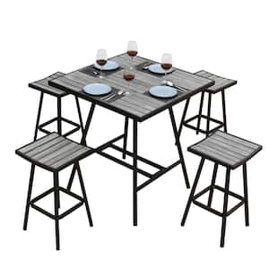 Dark Gray 5-Piece Wooden Metal Outdoor Bistro Set, 4 Footstools and Table