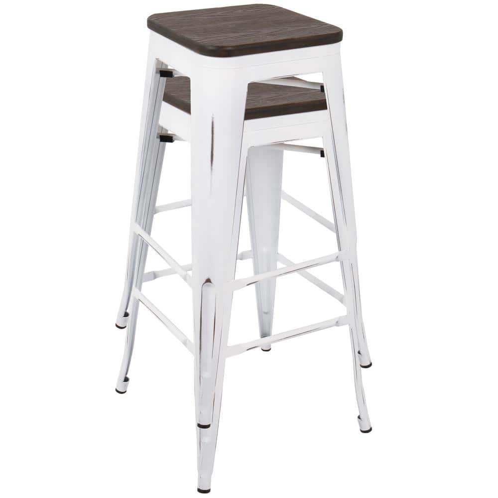 Vintage White & Espresso Industrial 30" Backless Stool with Footrest