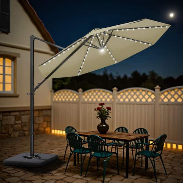 10 ft. x 10 ft. Market Cantilever Solar LED Patio Umbrella with 360° Rotation in Beige