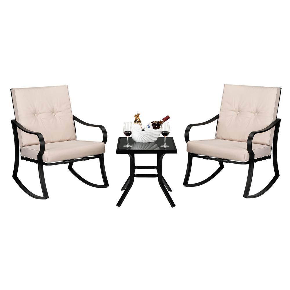 VINGLI Metal Outdoor Rocking Chair with Cushion Beige and Coffee Table