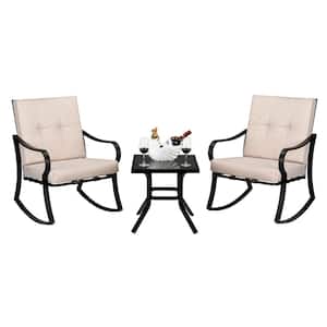 Metal Outdoor Rocking Chair with Cushion Beige and Coffee Table, Patio Rocking Chairs 3-Piece Patio Furniture Sets
