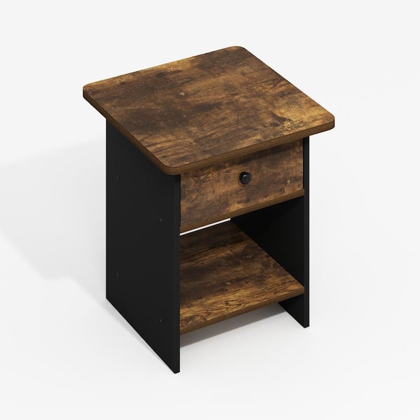 Furinno Modern 15.55 in. Amber Oak/Black Wood End Table with Bin Drawer