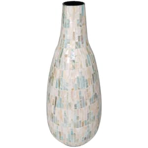 White Handmade Mosaic Inspired Mother of Pearl Decorative Vase with Pastel Blue and Pink Accents