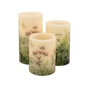 Battery Operated Wax Candles with Green and White Floral Design - Set of 3