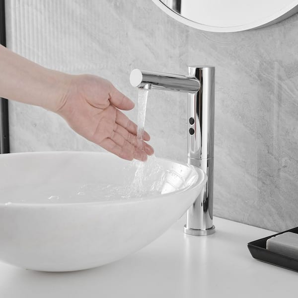 Automatic Sensor Touchless Vessel Sink Faucet Polished Chrome Single Hole Bathroom with Pop Up Drain