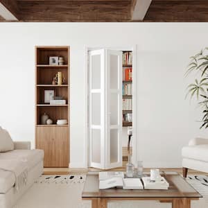 30 in. x 80 in. 3-Panel Frosted Glass Solid MDF Core White Finished MDF Bi-Fold Doors With Hareware