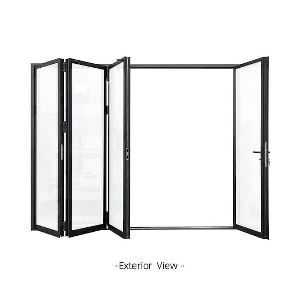 144 in. x 96 in. Black Aluminum Out-Swing Folding Patio Door 3 Left 1 Right Panels Double Tempered Glass with Lockset