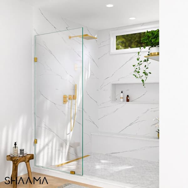 Linea 30 in. W x 78 in. H Frameless Fixed Single Panel Shower Screen Door in Brushed Gold with 3/8 in.(10mm) Clear Glass