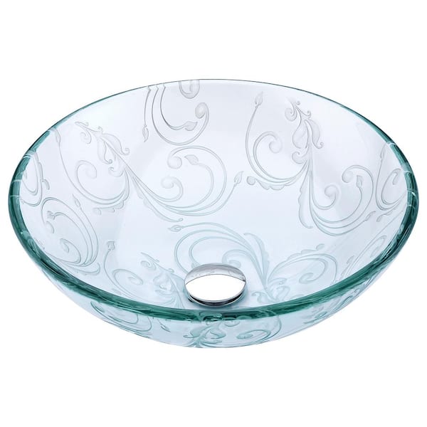 ANZZI Vieno Series Round Glass Vessel Sink with Pop-Up Drain in Crystal Clear Floral