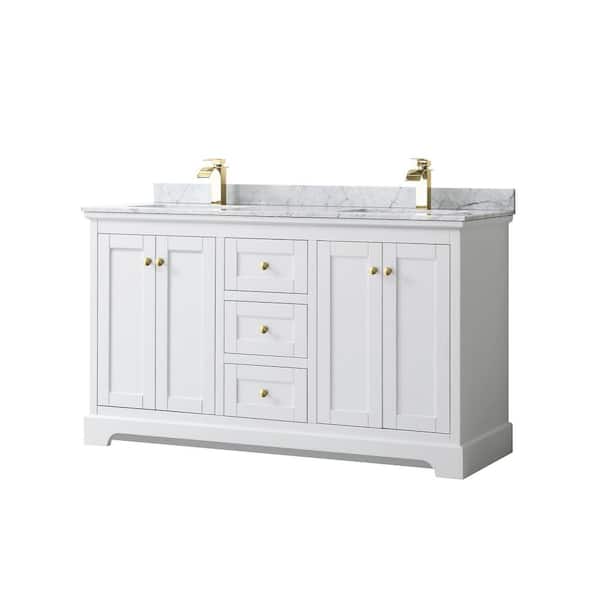 Wyndham Collection Avery 60 in. W x 22 in. D x 35 in. H Double Sink Bath Vanity in White with White Carrara Marble Top
