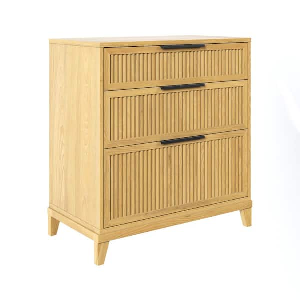 3-Drawer Natural Pine Solid Wood Transitional 29 in. Reeded Dresser