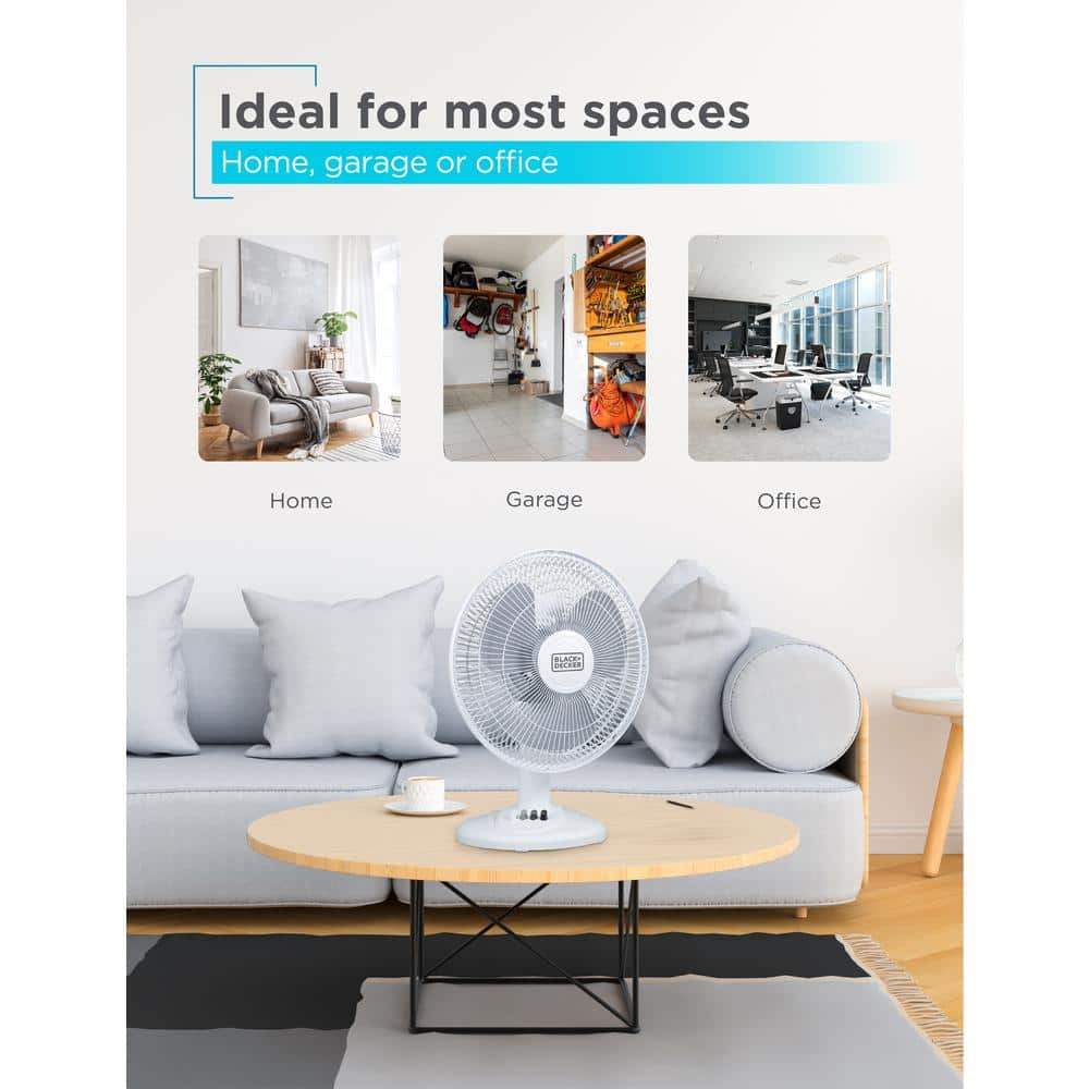 12 in. 3 Fan Speed Settings, Oscillating Portable Fan in White with Adjustable Tilt