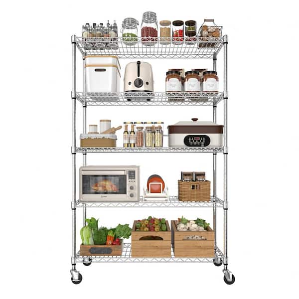 71 in. Tall 5-Tier Steel Kitchen Shelf with Wheels, Storage Shelving Unit Bookcases, 47 in. W x 18 in. D, Silver