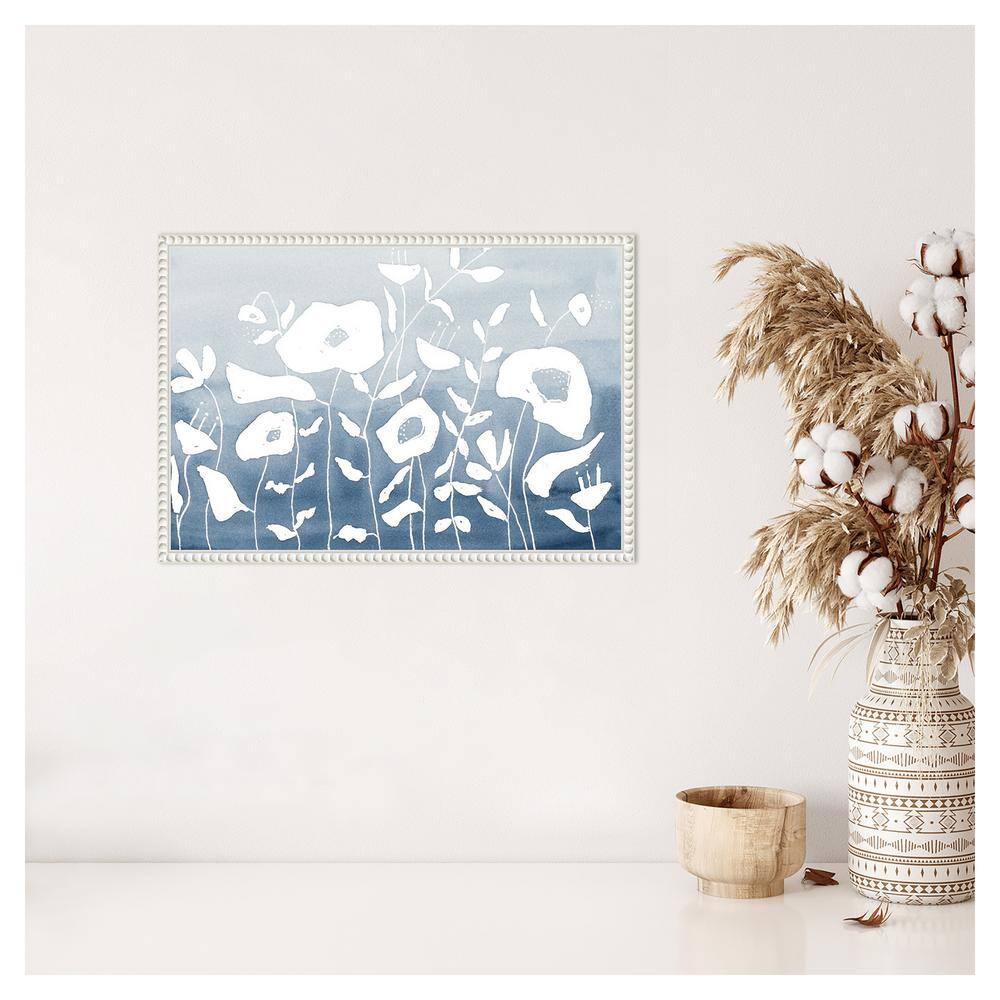 Blue and White Floral Garden Beaded Framed Canvas Wall Art