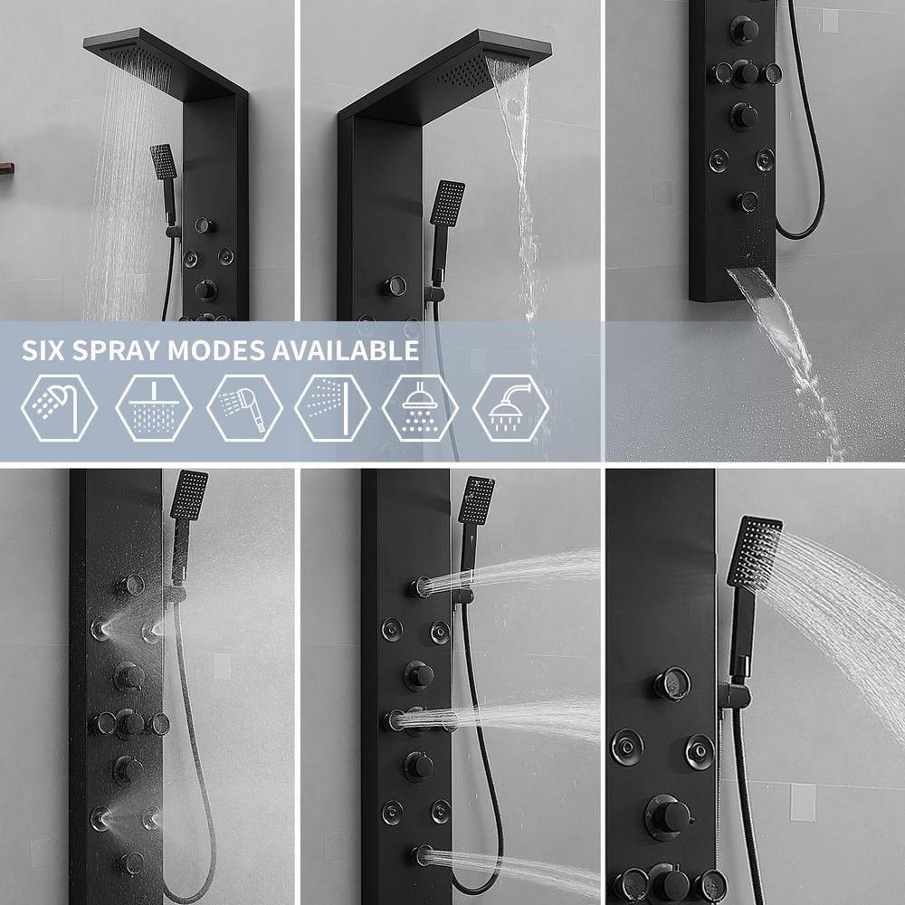 Matte Black 52'' Shower Panel with Rainfall Shower Head and Body Jets