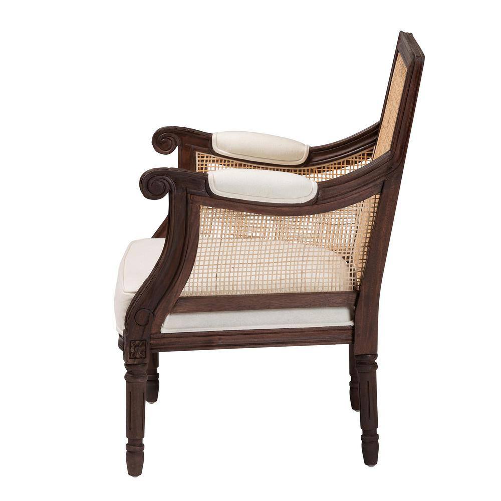 French Provincial Dark Brown Wood and Beige Fabric Accent Chair