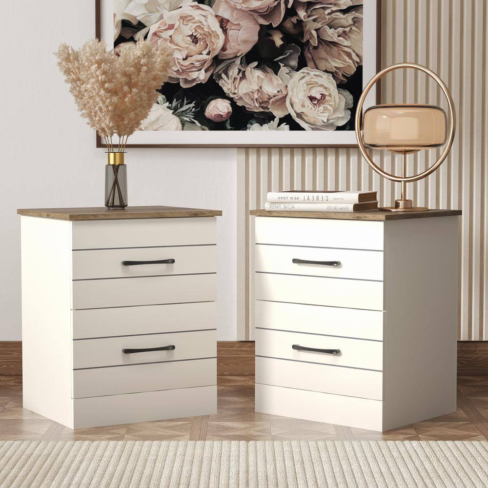 GALANO Elis 2Drawers Ivory with Knotty Oak Side table Nightstand (Set