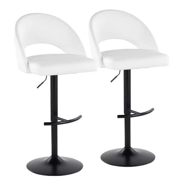 Renee Upholstered 45.5 in. H White Faux Leather and Black Metal Adjustable Bar Stool with Rounded T Footrest (Set of 2)