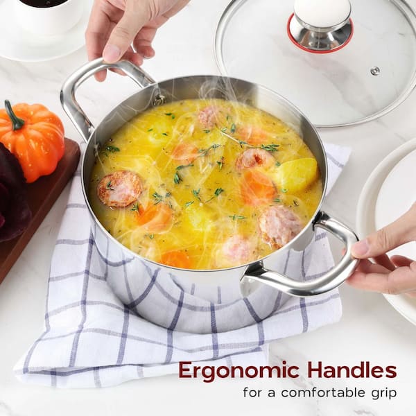 Stainless Steel Stock Pot 4.5 qt with Lid, Tri-Ply Induction Compatible Soup Pot for Boiling and Stewing