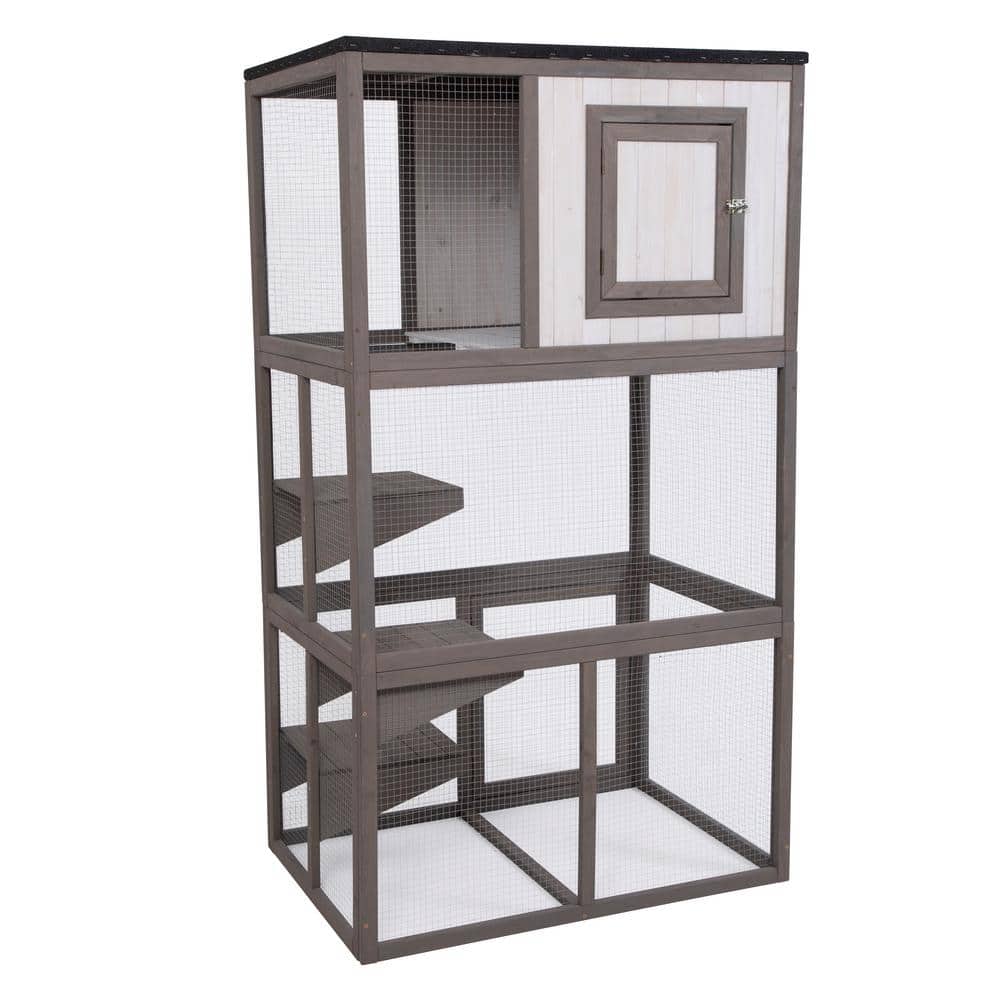 Gray and White Wooden Outdoor Cat House with Climbing Platforms