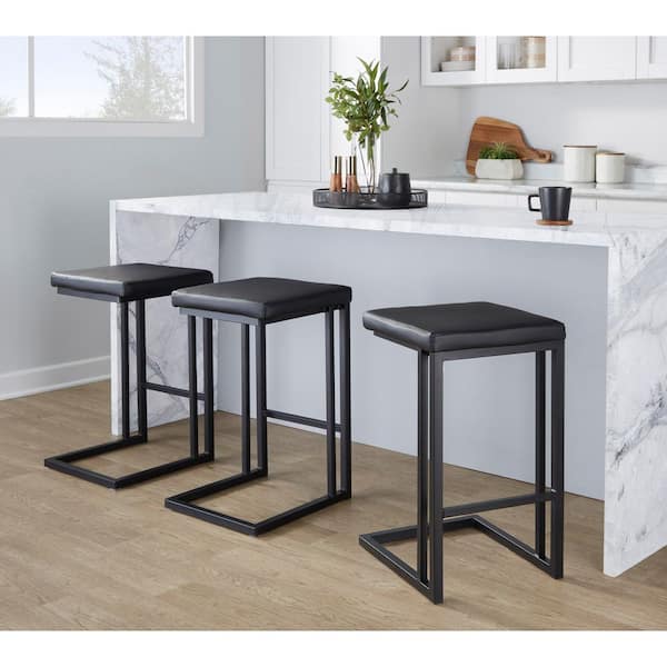 Roman 26 in. Fixed-Height Counter Stool in Black Metal and Black Faux Leather (Set of 2)
