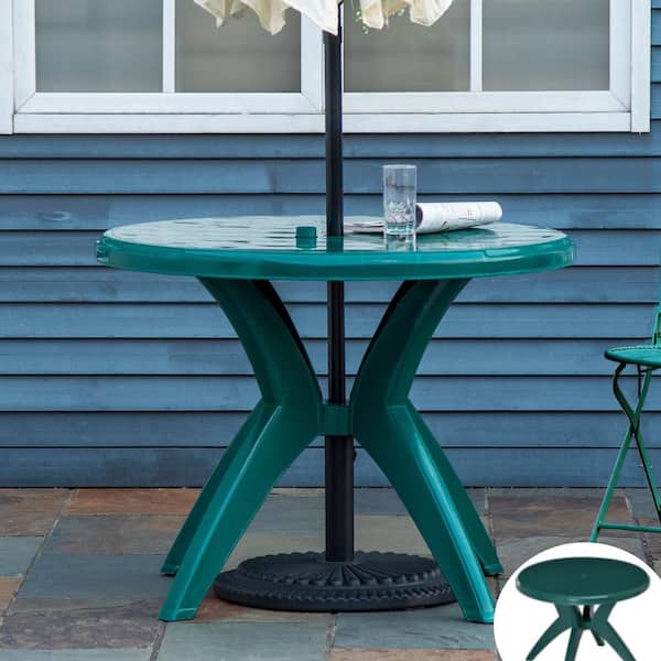 ToolCat 36 in. Green Round Plastic Patio Outdoor Dining Table with Umbrella Hole