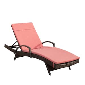 Salem Brown Faux Rattan Outdoor Patio Chaise Lounge with Red Cushions