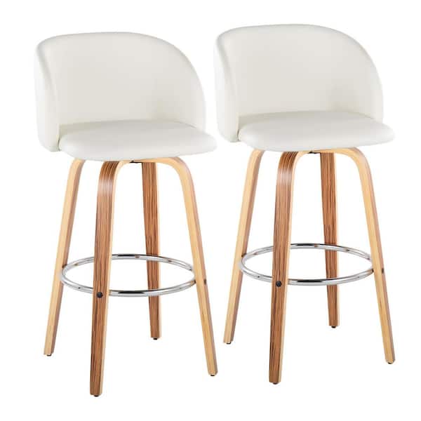 Fran 29" Zebra Wood and White Faux Leather Fixed-Height Bar Stool with Chrome Round Footrest (Set of 2) LYW