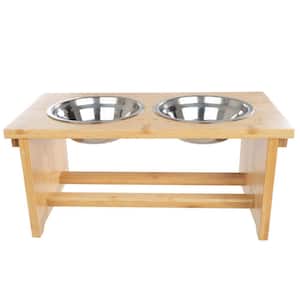 20 oz. 7 in. Stainless-Steel Nonslip Bamboo Dog Feeder with 2 Elevated Dog Bowls with Stand