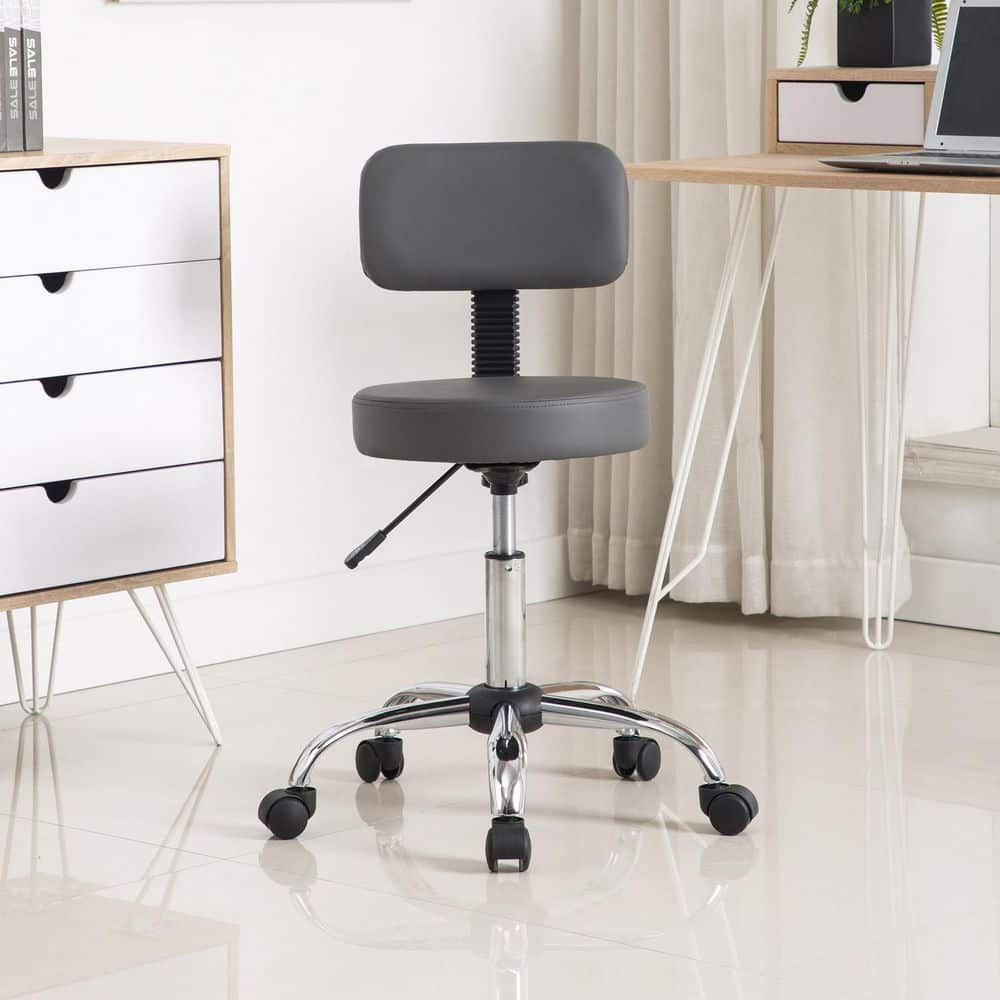 Gray Adjustable Drafting Stool with Wheels and Backrest, Faux Leather Space-Saving Rolling Stool -  HOMESTOCK, 99318