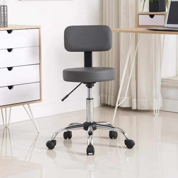 HOMESTOCK Gray Adjustable Drafting Stool with Wheels and Backrest, Faux Leather Space-Saving Rolling Stool