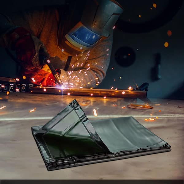 Welding Screen 8 ft. x 6 ft. Welding Curtain Flame-Resistant Portable Light-Proof with Frame 4-Wheels, Dark Green