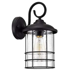 12.4 in. Matte Black Outdoor Wall Lantern Sconce with Clear Seeded Glass Shade Weather Resistant