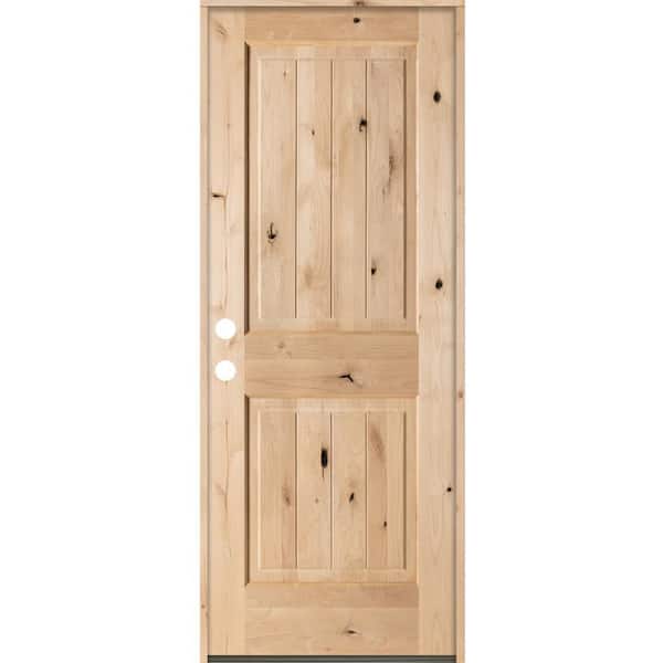 Krosswood Doors 30 in. x 80 in. Rustic Knotty Alder Square Top V-Grooved Right-Hand Inswing Unfinished Exterior Wood Prehung Front Door