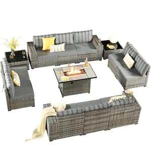 Crater Grey 13-Piece Wicker Wide-Plus Arm Outdoor Fire Pit Patio Conversation Sofa Set with Striped Grey Cushions