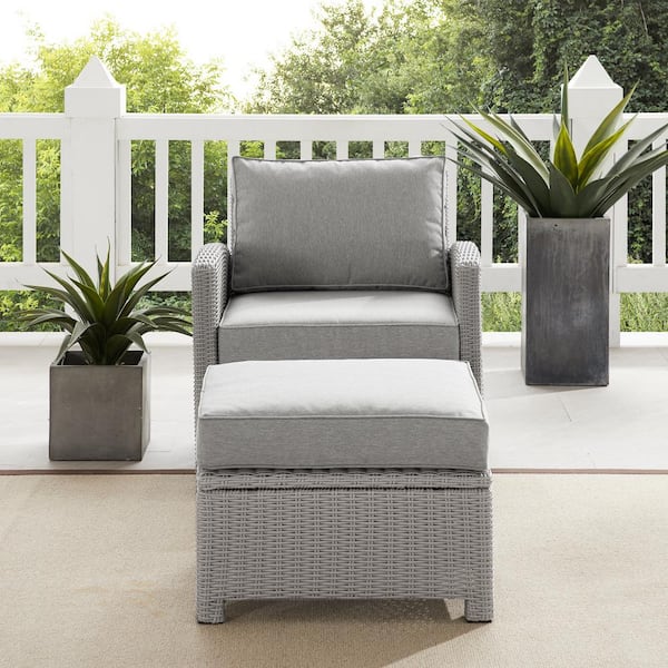 Crosley Furniture Bradenton Gray Wicker Outdoor Lounge Chair And Ottoman With Cushions Ko70181gy Gy The Home Depot - Gray Wicker Patio Chair With Ottoman
